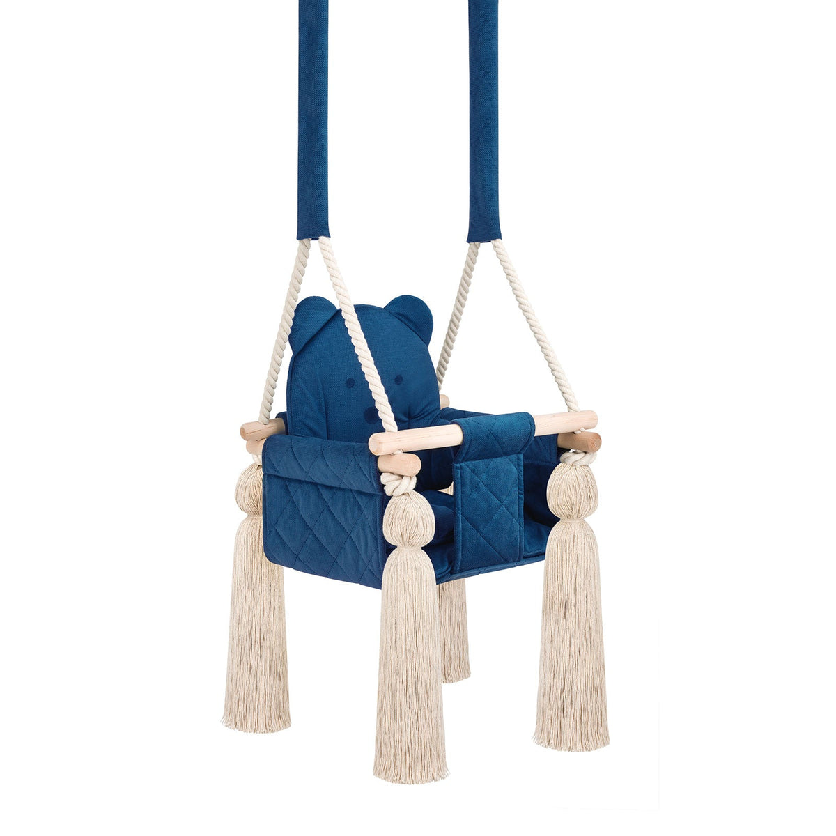 Kinderschaukel für Zuhause Marineblau in der Dreiviertelansicht mit Quasten, Holzperlen und Seilen