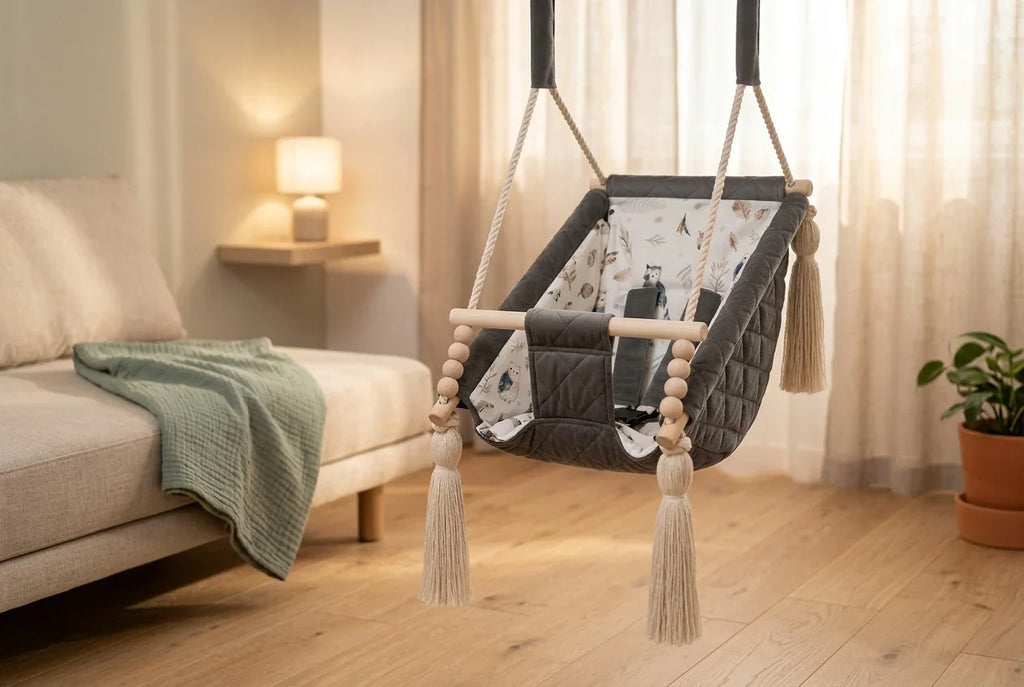 Babyschaukel 3in1 als haengende Wiege in einem warm beleuchteten Kinderzimmer