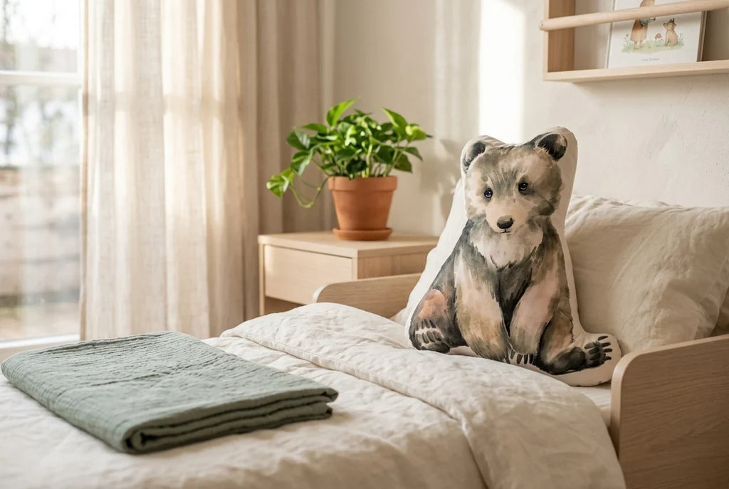 Kinderkissen mit Baermotiv aus Samt auf einem Kinderbett mit Leinenbettwaesche