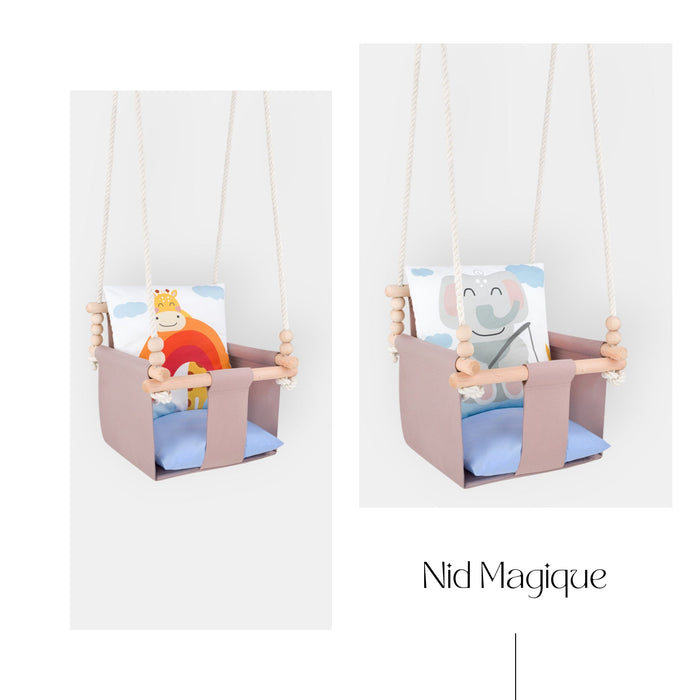 Babyschaukel indoor mit doppelseitigen Baumwollkissen, Giraffen- und Elefantenmotiv, von Nid Magique