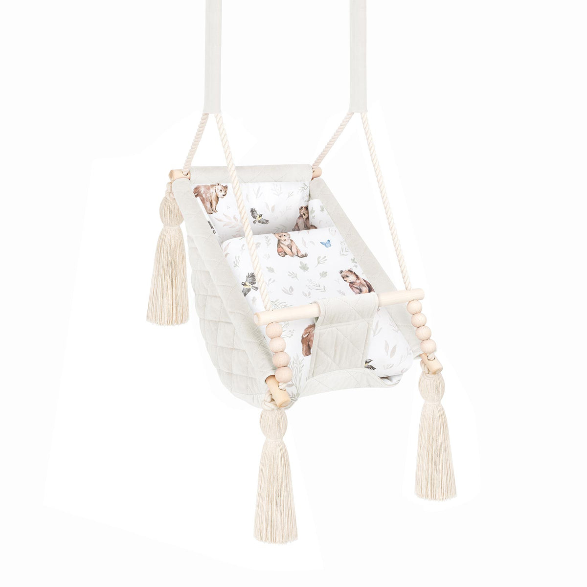 Babyschaukel 3in1 Naturfarben aus Samt mit Baumwolleinlage im Bärchen-Motiv, gestepptem Samt und Holzperlen
