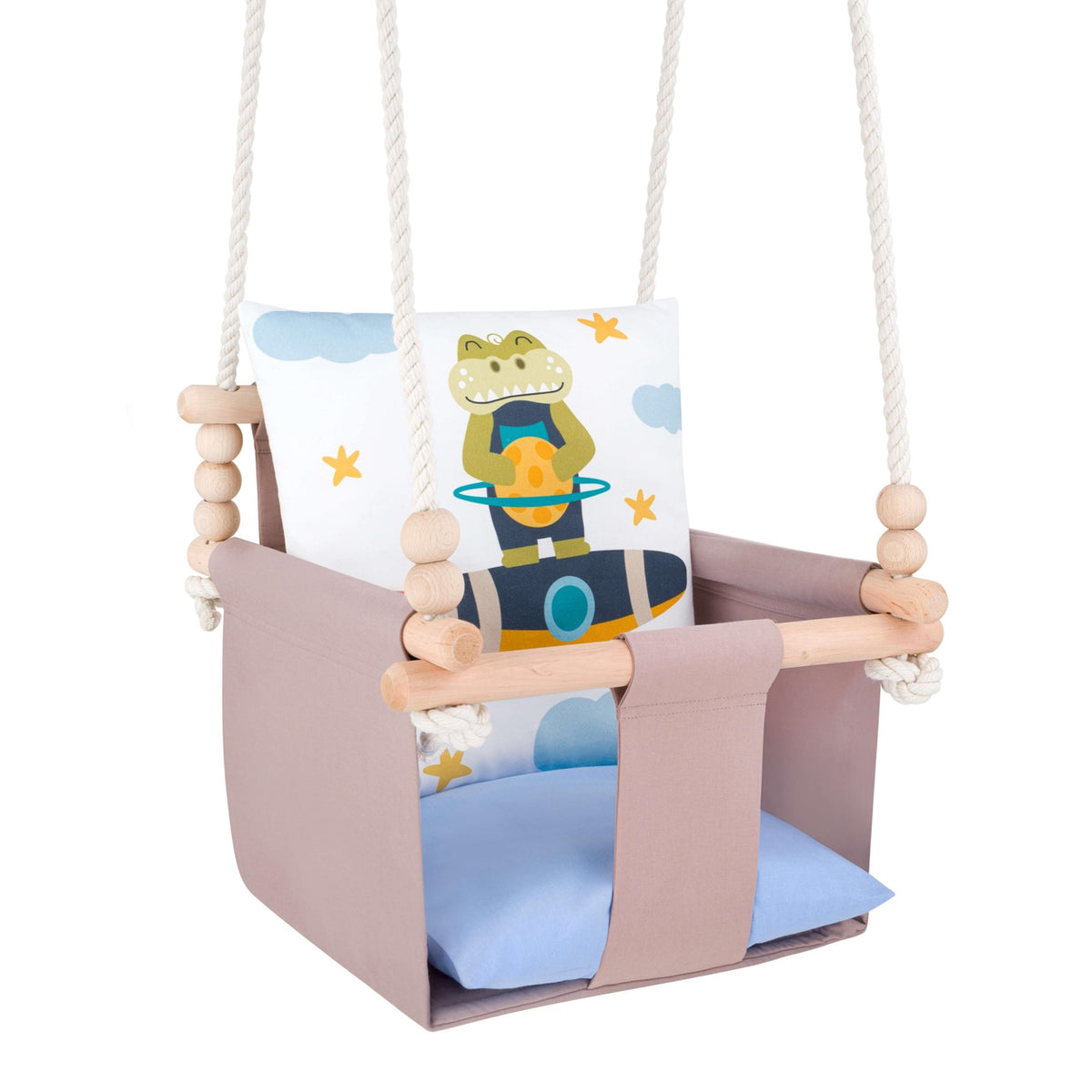 Babyschaukel mit doppelseitigen Baumwollkissen Krokodil-Motiv, Wendekissen mit Mond- und Wolkenmotiv, Dreiviertelansicht