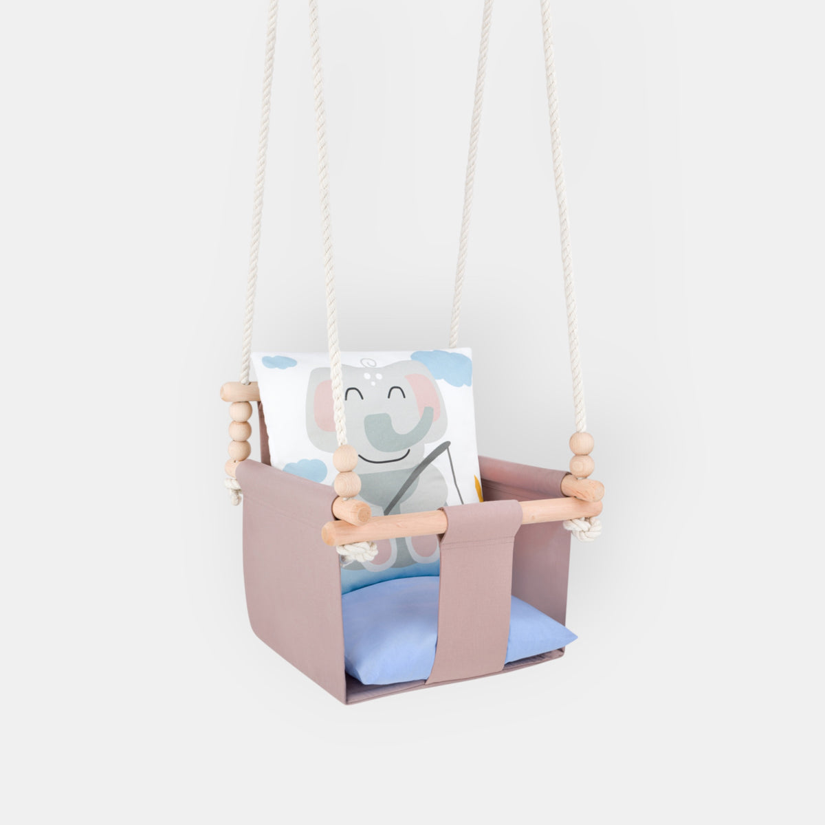 Babyschaukel mit doppelseitigen Baumwollkissen Elefant-Motiv, Vorderansicht mit Stange und Holzperlen