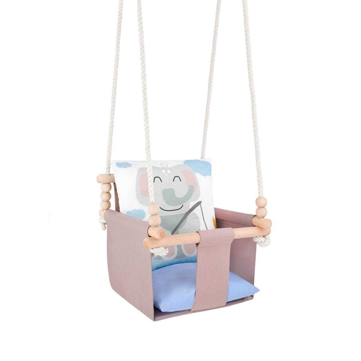 Babyschaukel mit doppelseitigen Baumwollkissen Elefant-Motiv, Gesamtansicht mit Seilen und Holzperlen