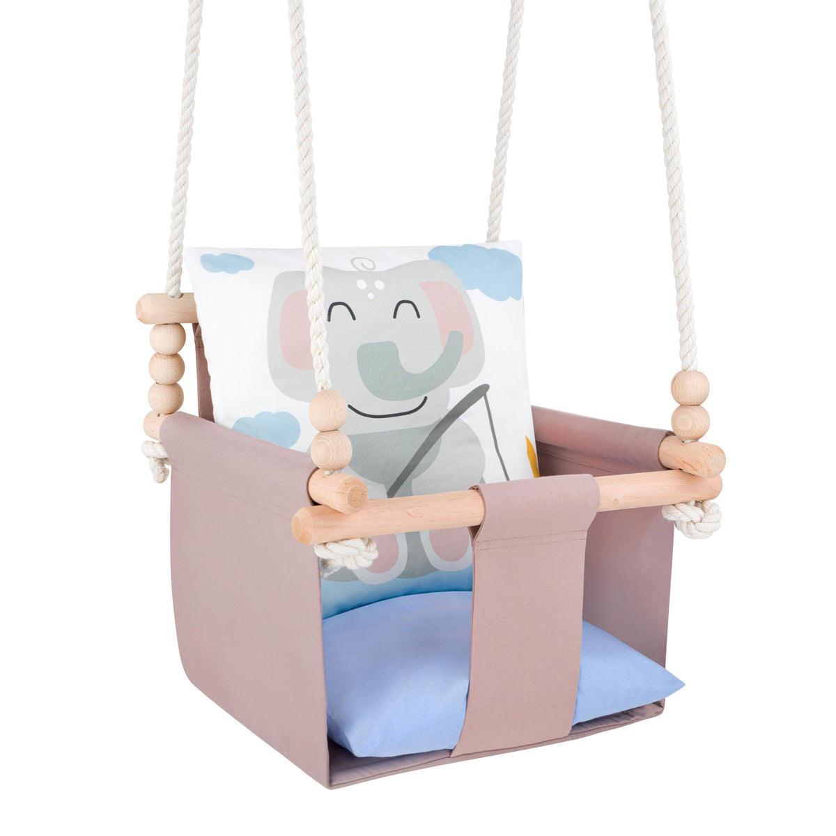 Babyschaukel mit doppelseitigen Baumwollkissen Elefant-Motiv, gesteppte Sitzfläche mit hellblauem Kissen