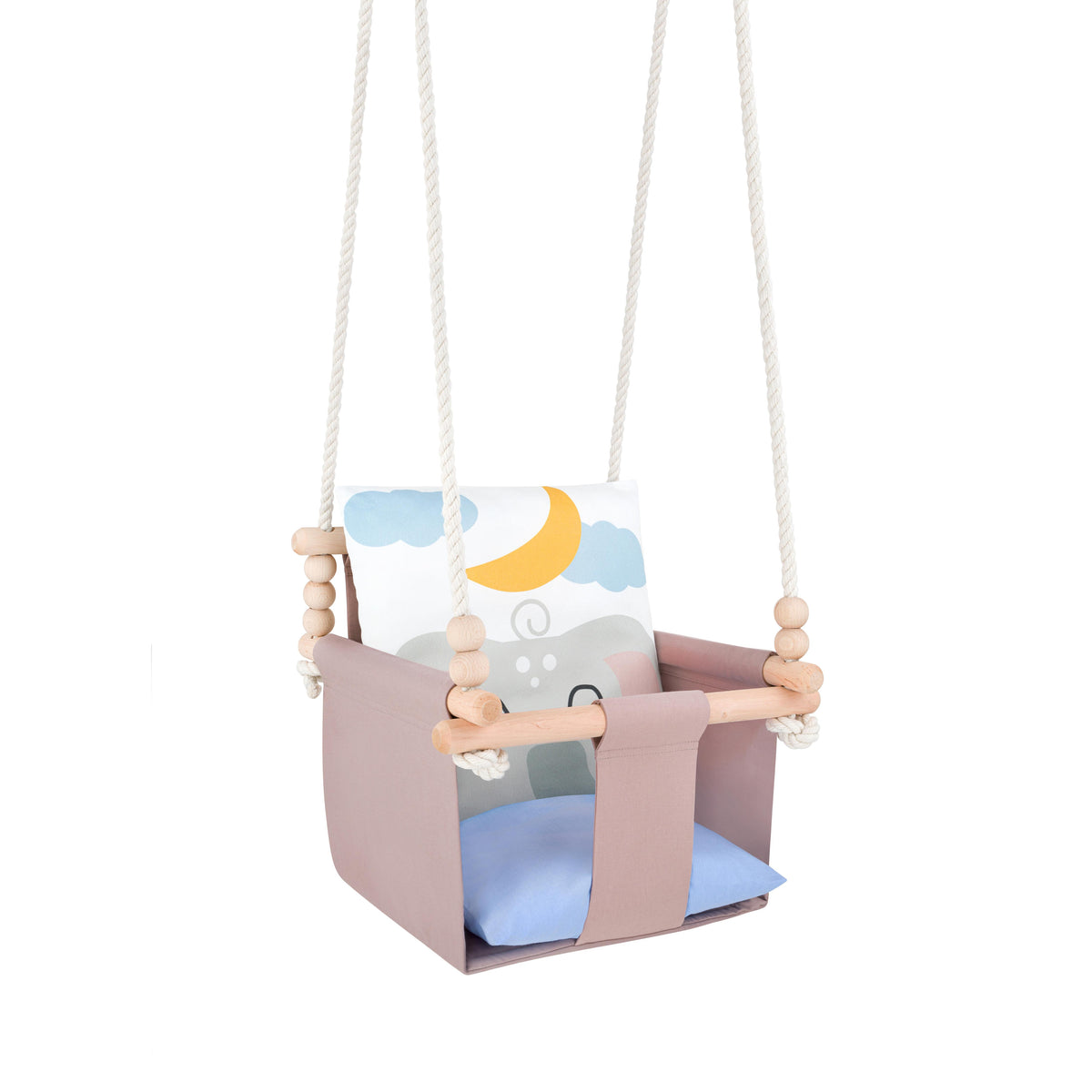 Babyschaukel mit doppelseitigen Baumwollkissen Elefant-Motiv, Wendekissen mit Mond- und Wolkenmotiv, Dreiviertelansicht