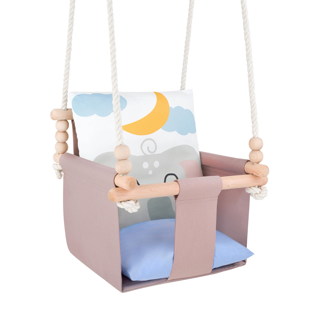 Babyschaukel mit doppelseitigen Baumwollkissen Elefant-Motiv, Wendekissen mit Mond- und Wolkenmotiv
