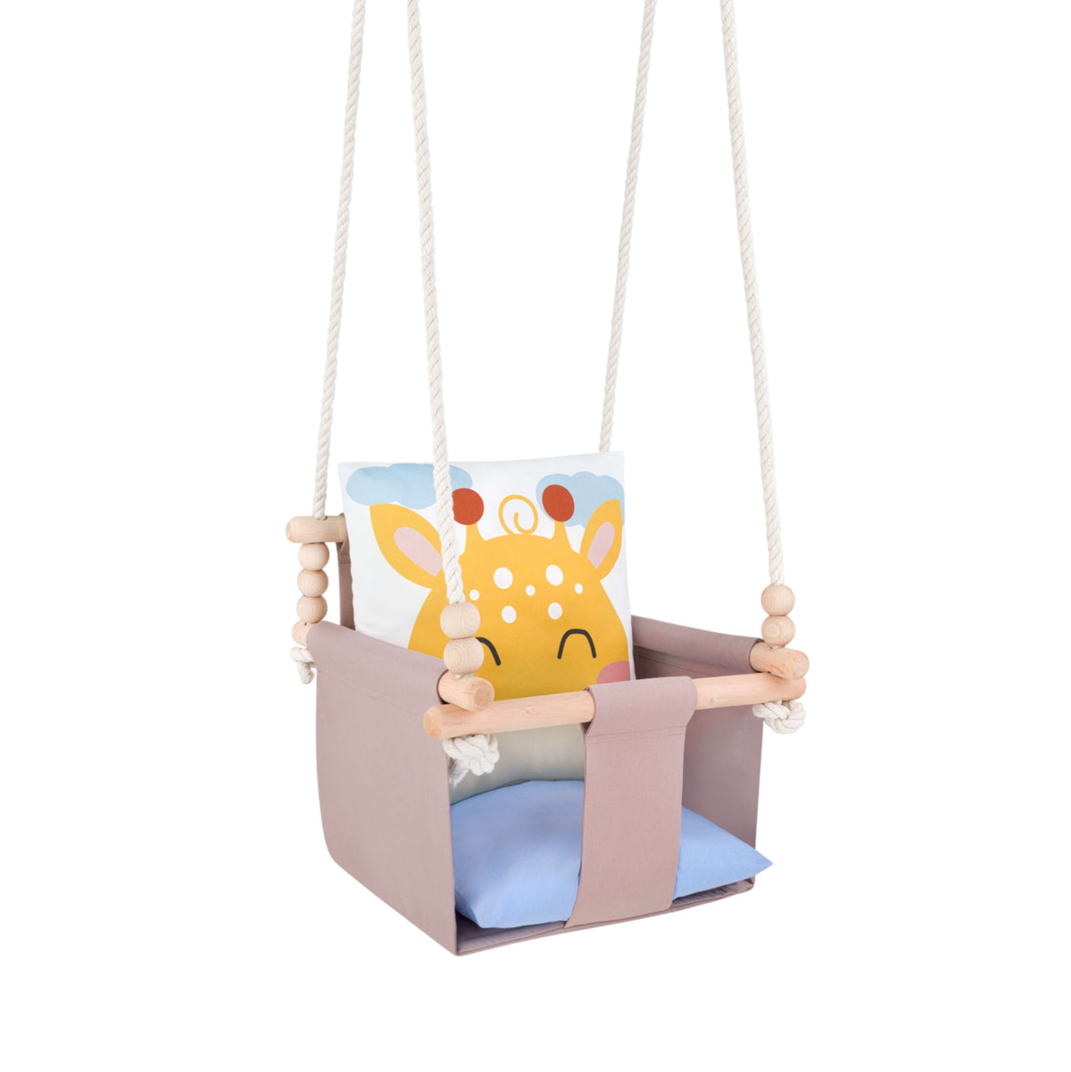 Babyschaukel mit doppelseitigen Baumwollkissen Giraffe-Motiv, Gesamtansicht mit Seilen und Holzperlen