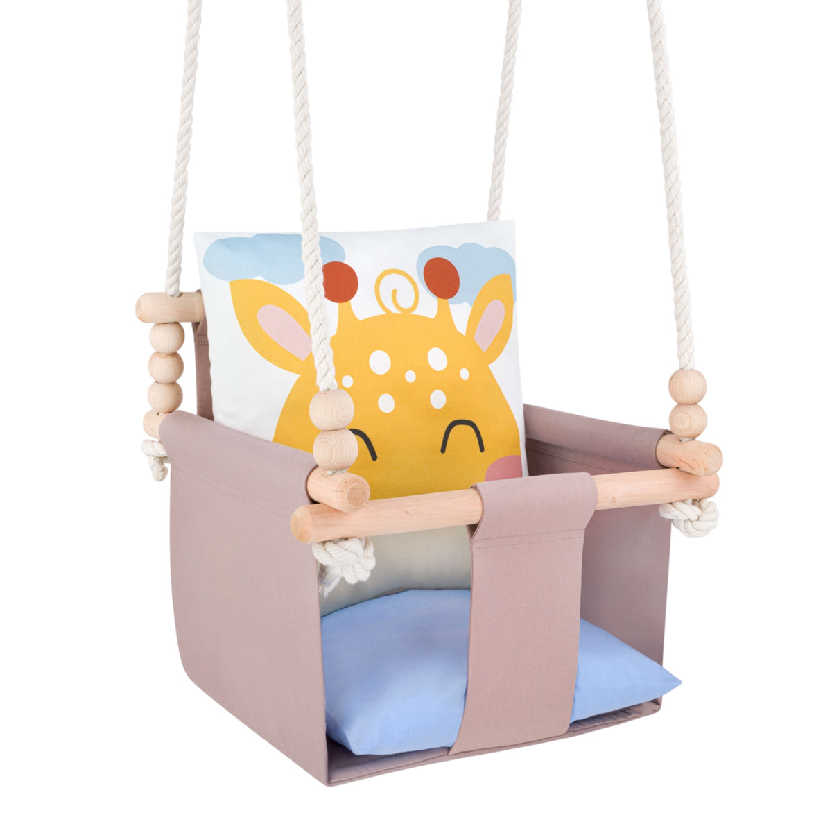 Babyschaukel mit doppelseitigen Baumwollkissen Giraffe-Motiv, gesteppte Sitzfläche mit hellblauem Kissen
