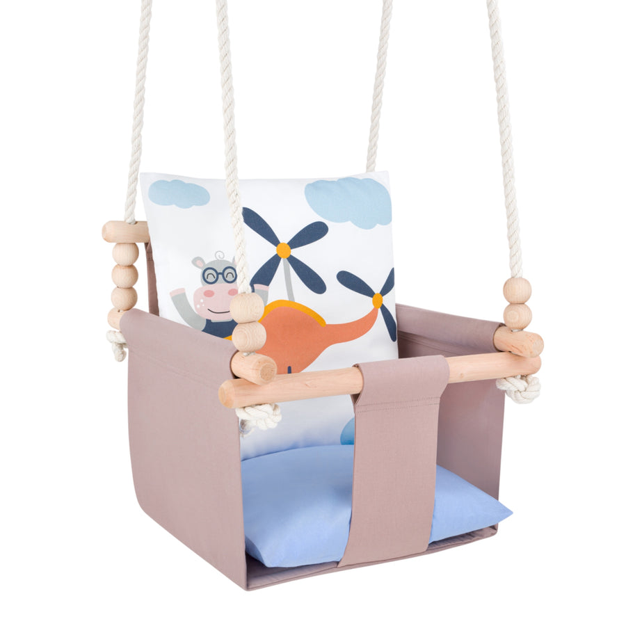 Babyschaukel mit doppelseitigen Baumwollkissen Nilpferd-Motiv, gesteppte Sitzfläche mit hellblauem Kissen