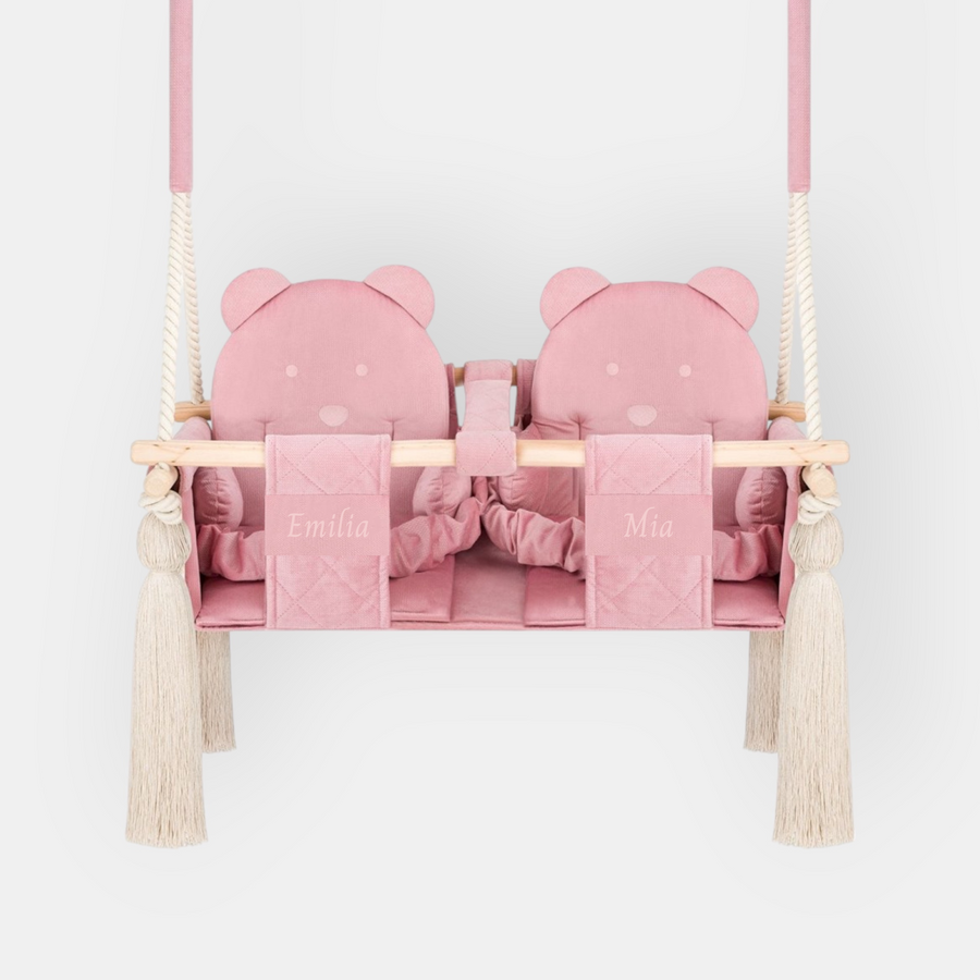 Doppelschaukel für Zwillinge Rosafarben mit optionaler Namensstickerei auf den Sicherheitsgurten