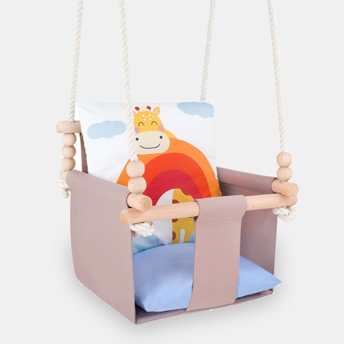 Babyschaukel mit doppelseitigen Baumwollkissen Giraffe-Motiv, Vorderansicht auf hellem Hintergrund