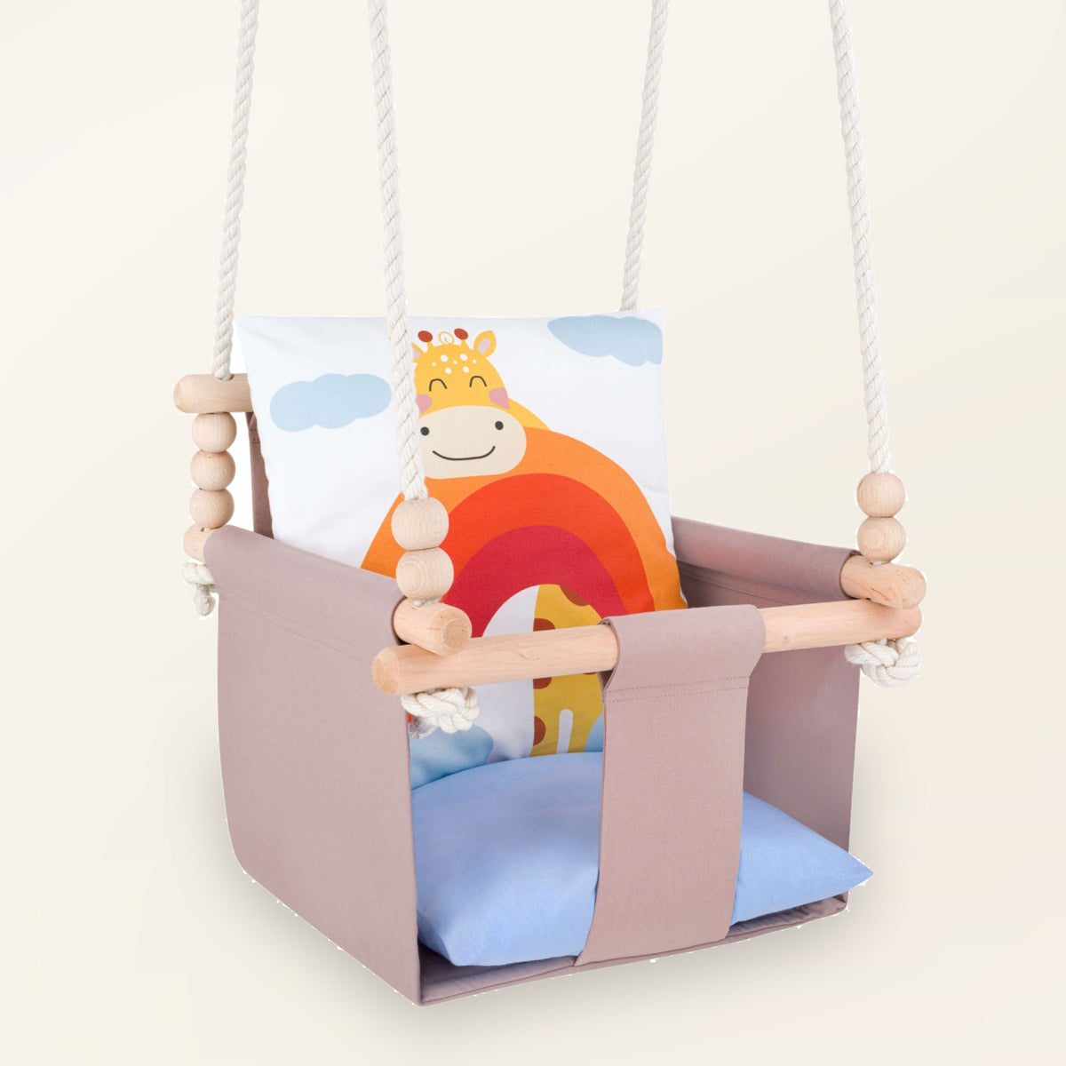 Babyschaukel mit doppelseitigen Baumwollkissen Giraffe-Motiv in der Vorderansicht