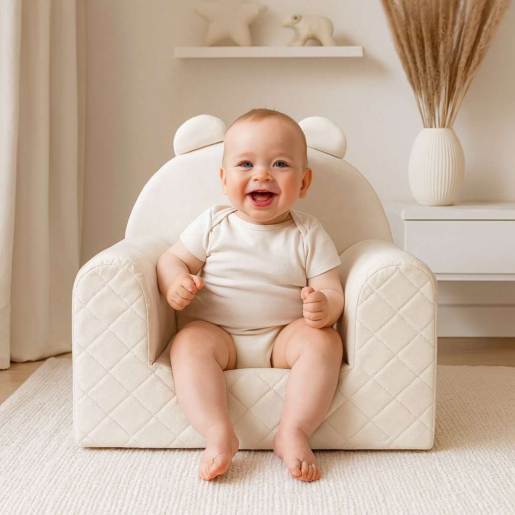 Kindersessel Bärenform Naturfarben mit Kind im hellen Kinderzimmer