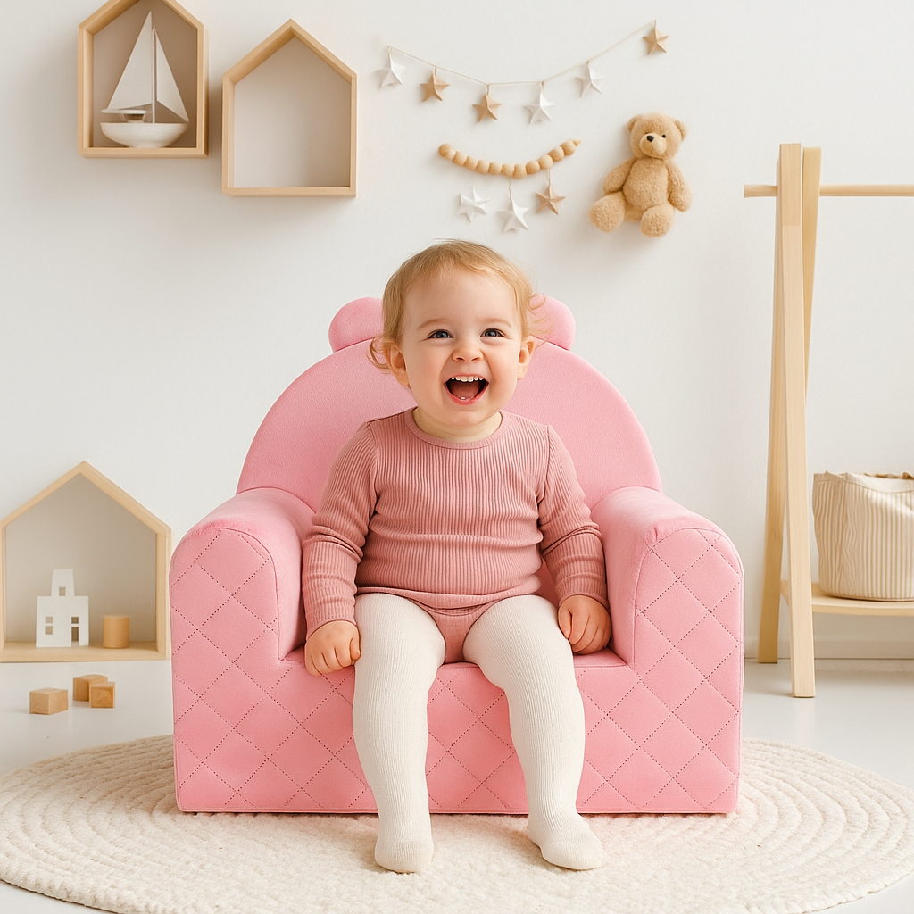 Kindersessel Bärenform Rosafarben, Babysessel aus Samt mit Bärenohren und weichen Armlehnen