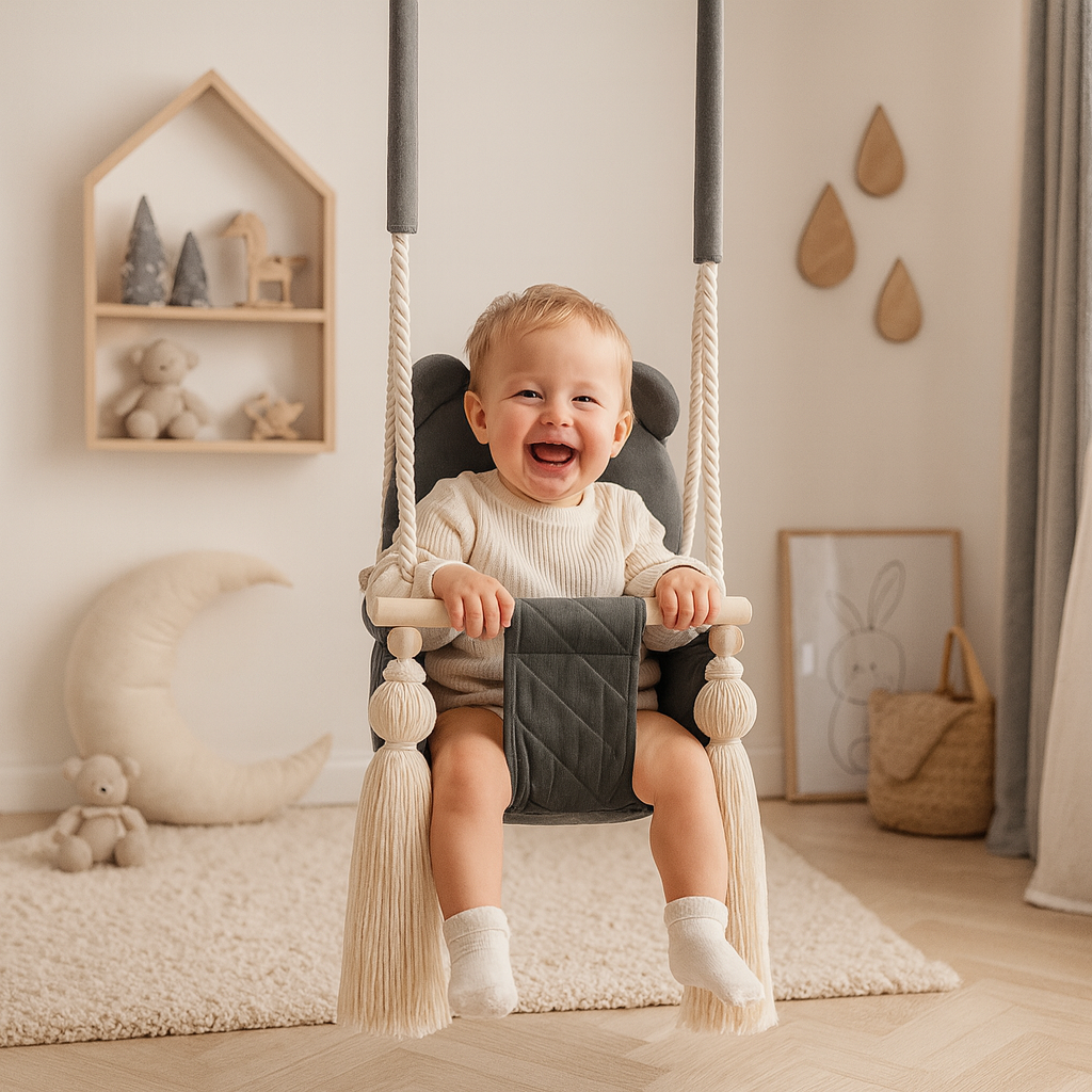 Kinderschaukel für Zuhause Dunkelgrau mit Kind im hellen Kinderzimmer