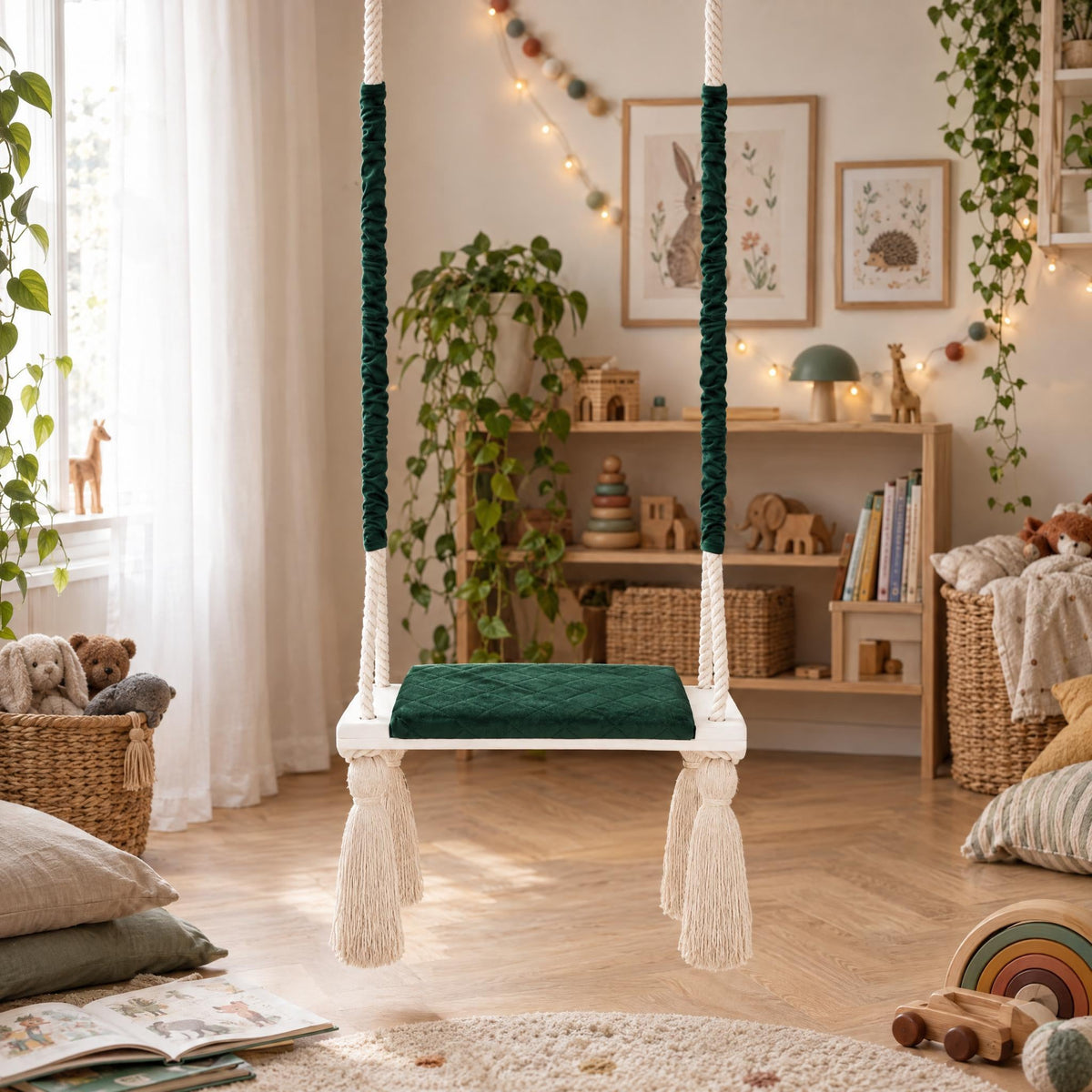 Kinderschaukel für drinnen Massivholz Grün Baumwollseil aufgehängt in einem hellen Kinderzimmer