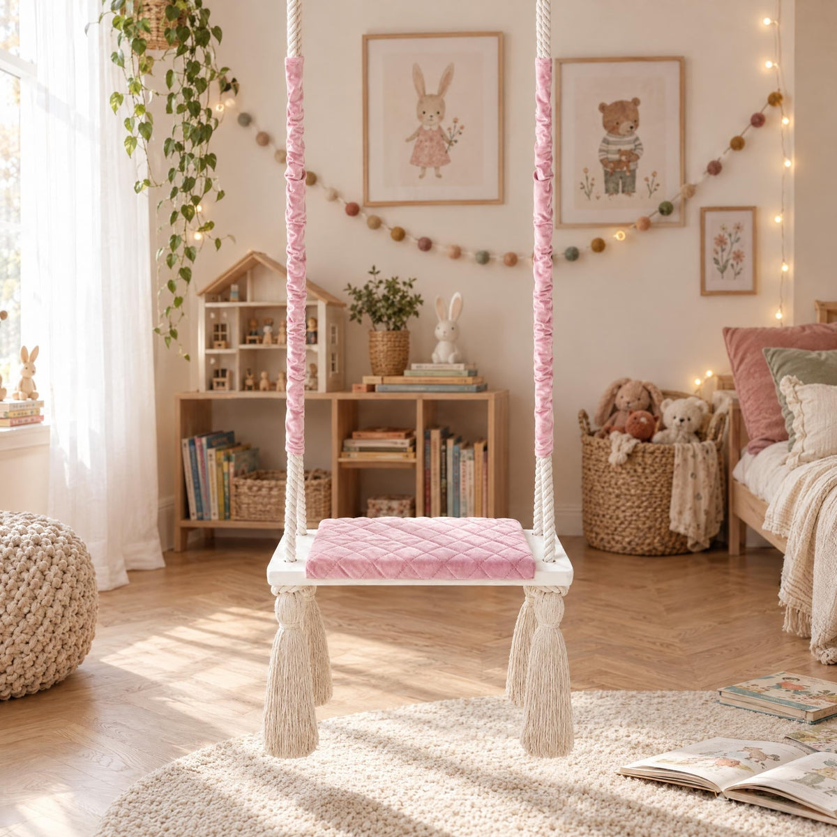 Kinderschaukel für drinnen Massivholz Rosafarben Baumwollseil aufgehängt in einem hellen Kinderzimmer