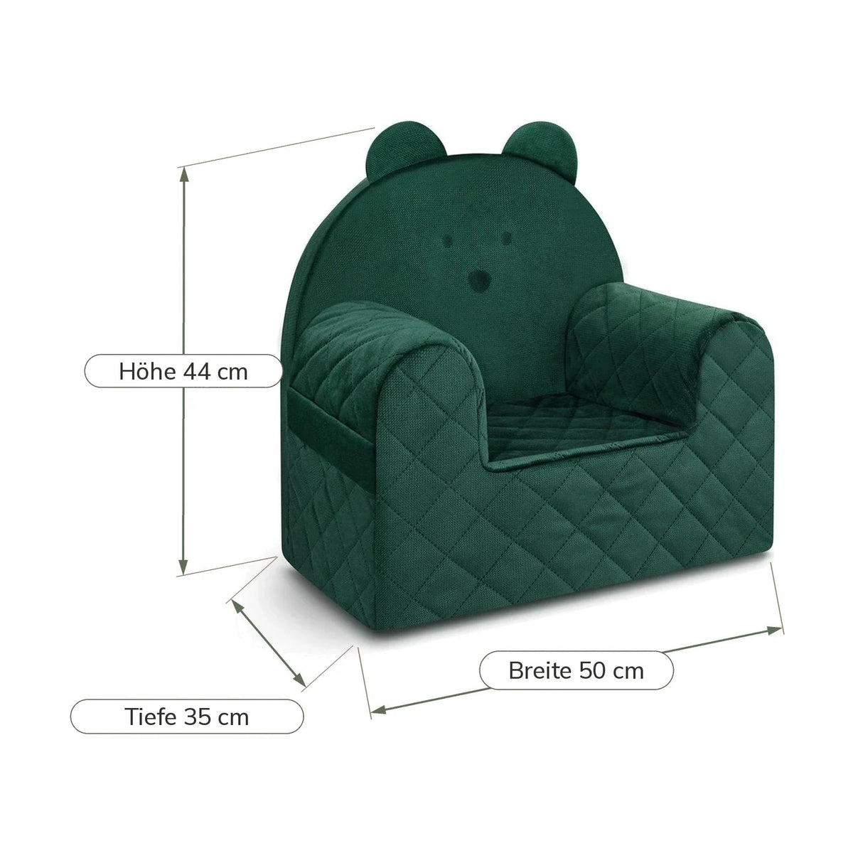 Maße Kindersessel Bärenform Grün: Breite 50 cm, Tiefe 35 cm, Höhe 44 cm