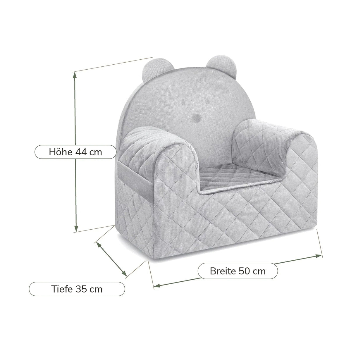 Maße Kindersessel Bärenform Hellgrau: Breite 50 cm, Tiefe 35 cm, Höhe 44 cm