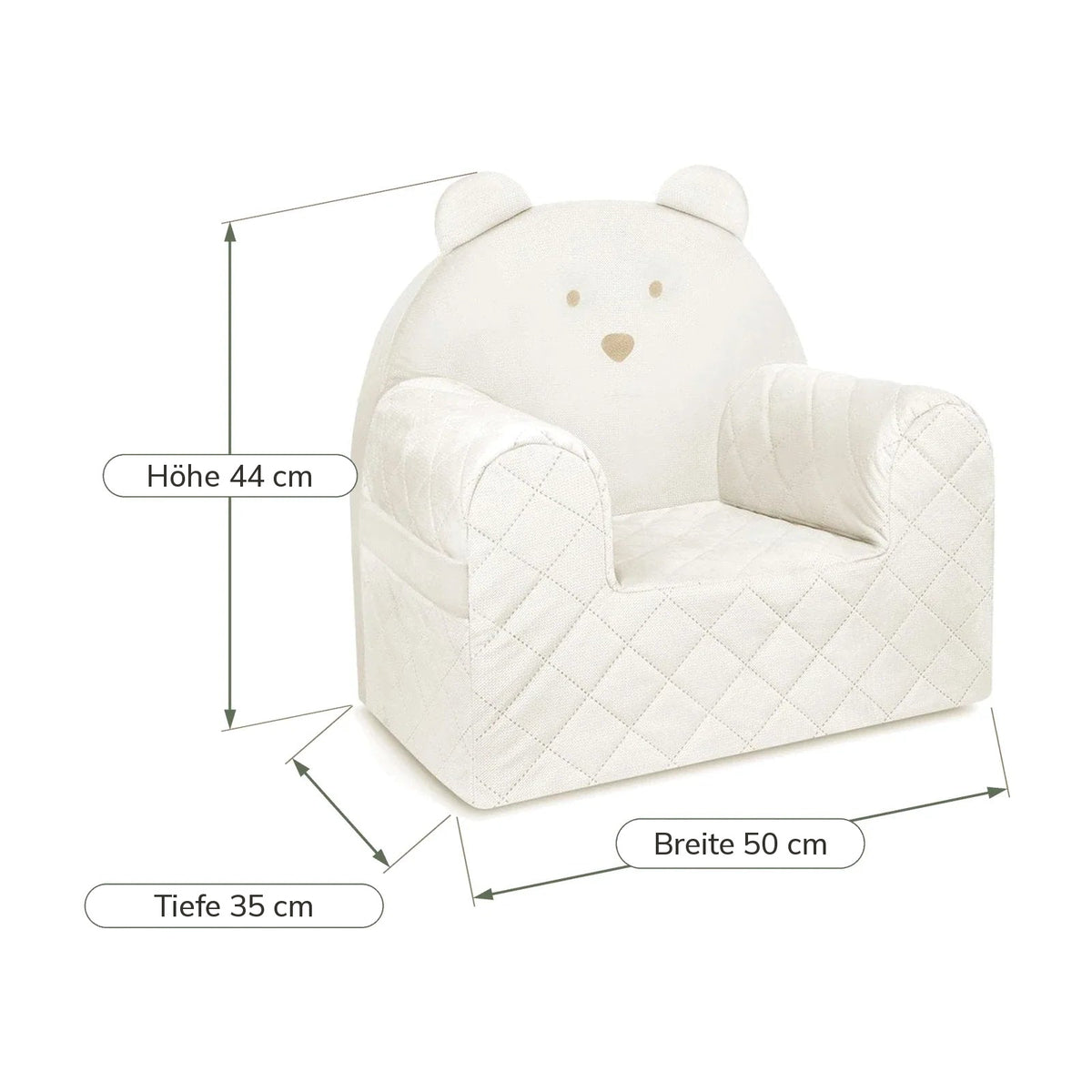 Maße Kindersessel Bärenform Naturfarben: Breite 50 cm, Tiefe 35 cm, Höhe 44 cm