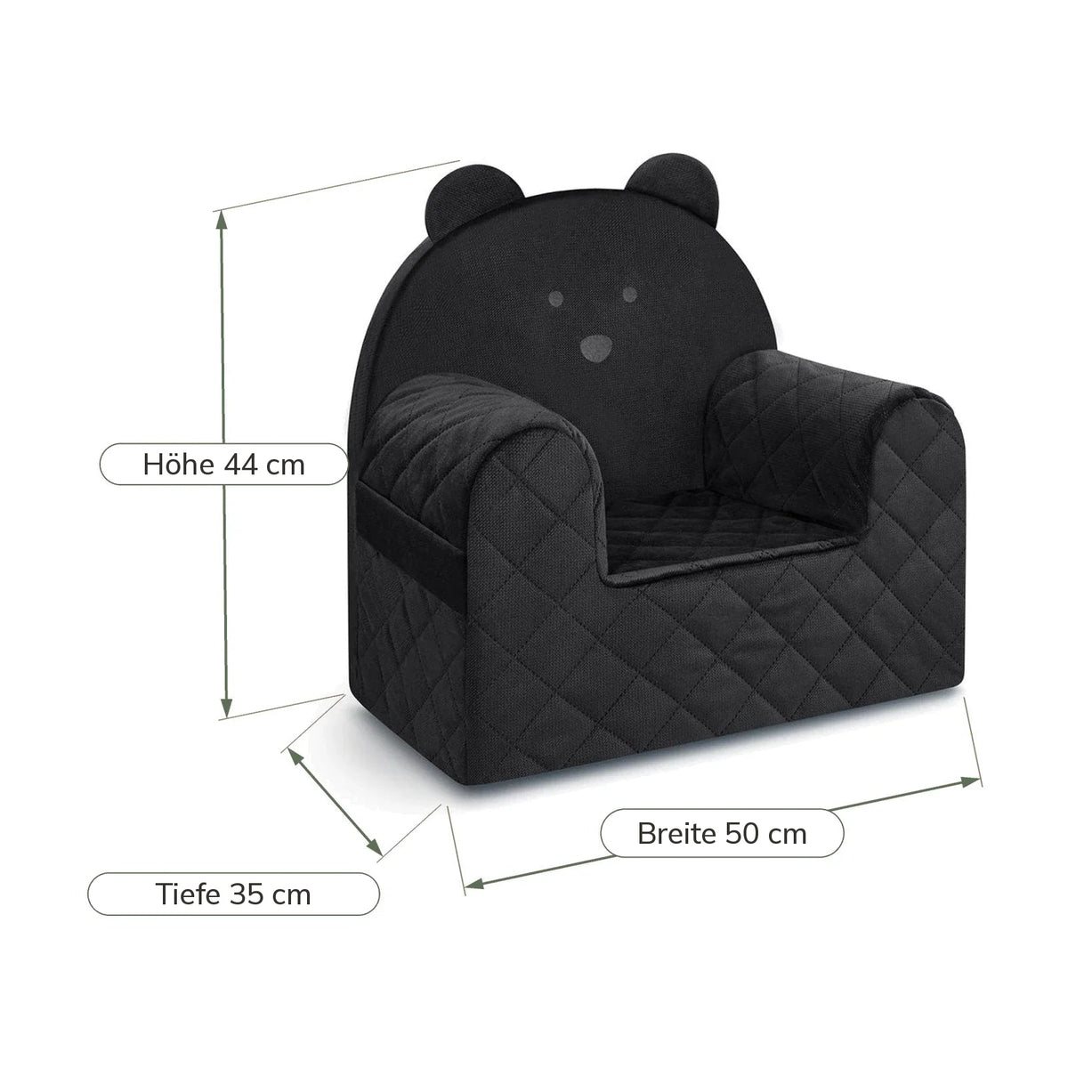 Maße Kindersessel Bärenform Schwarz: Breite 50 cm, Tiefe 35 cm, Höhe 44 cm