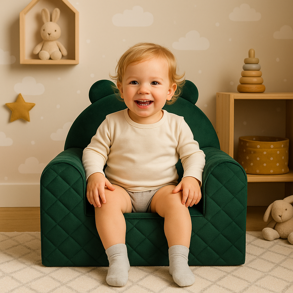 Kindersessel Bärenform Grün mit Kind im hellen Kinderzimmer