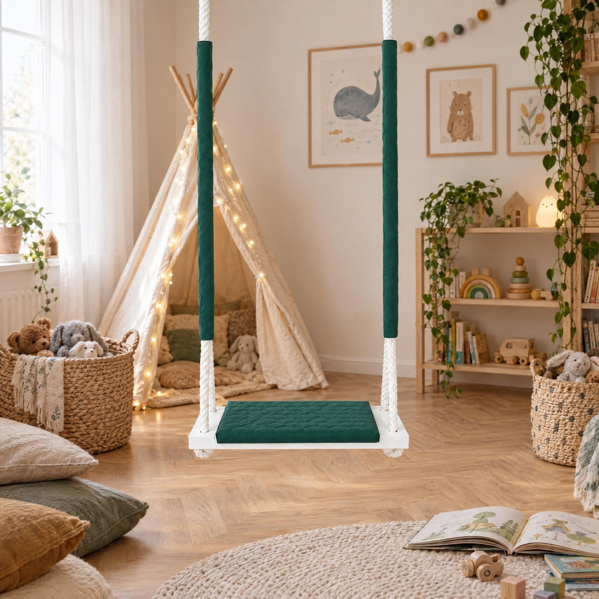 Wasserfeste Holzschaukel Dunkelgrün aufgehängt in einem hellen Kinderzimmer