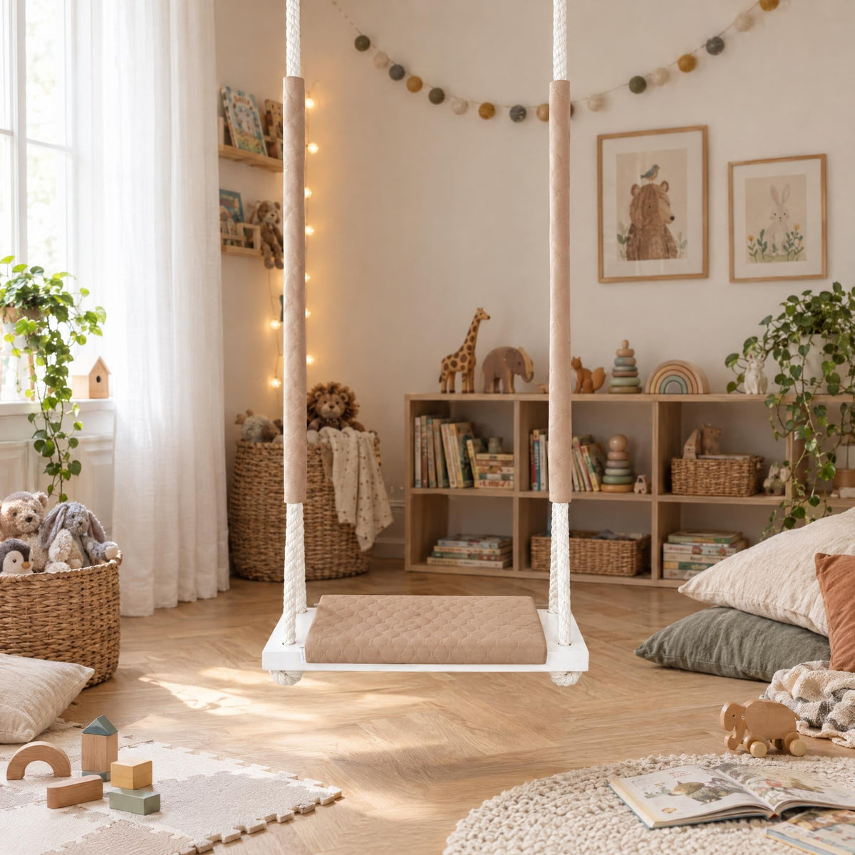 Wasserfeste Holzschaukel Naturfarben aufgehängt in einem hellen Kinderzimmer